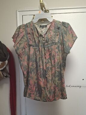 Lily Morgan Boho Floral Pintuck Blouse Pink Green S/P